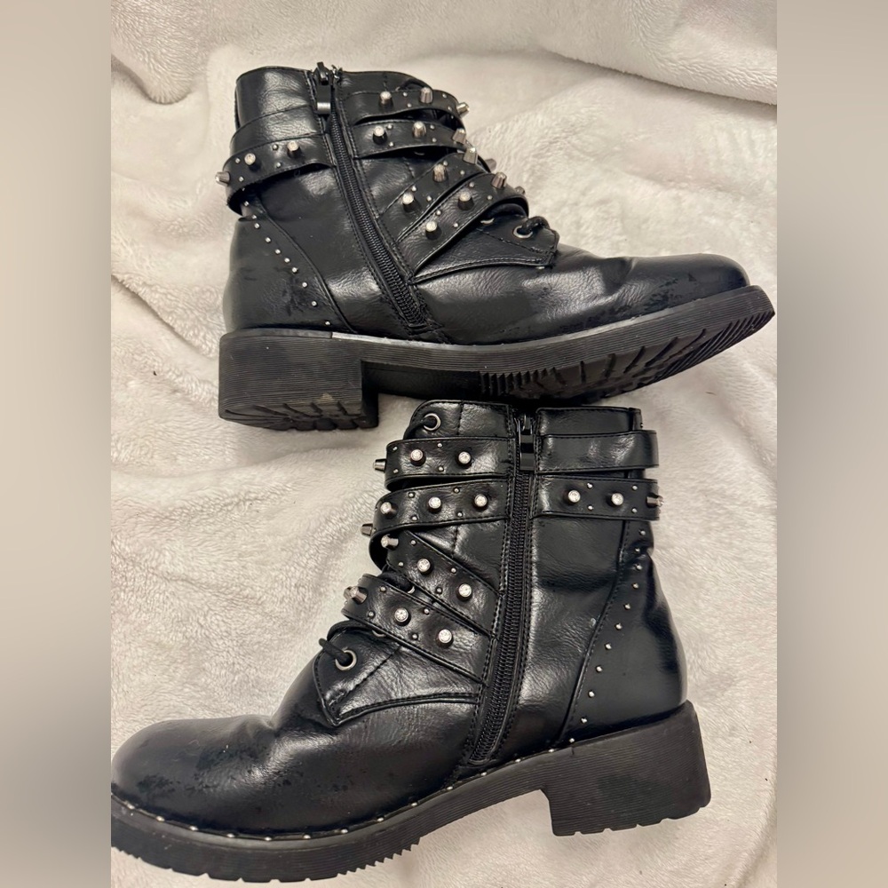 Rhinestone & Studded Black/Silver Combat Boots 9 - Picture 2 of 7
